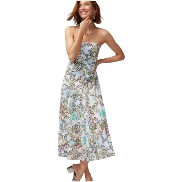 White House Black Market Dresses & Skirts - White House Black Market Spring-y White Strapless Blue/Brown Floral Midi Dress